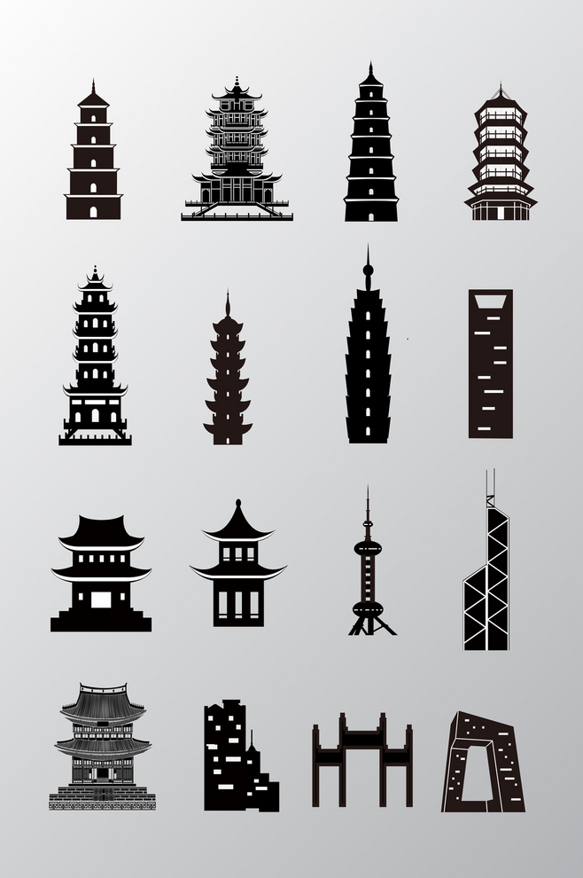 古現代中國建筑剪影矢量素材 融合傳統與現代的設計之美